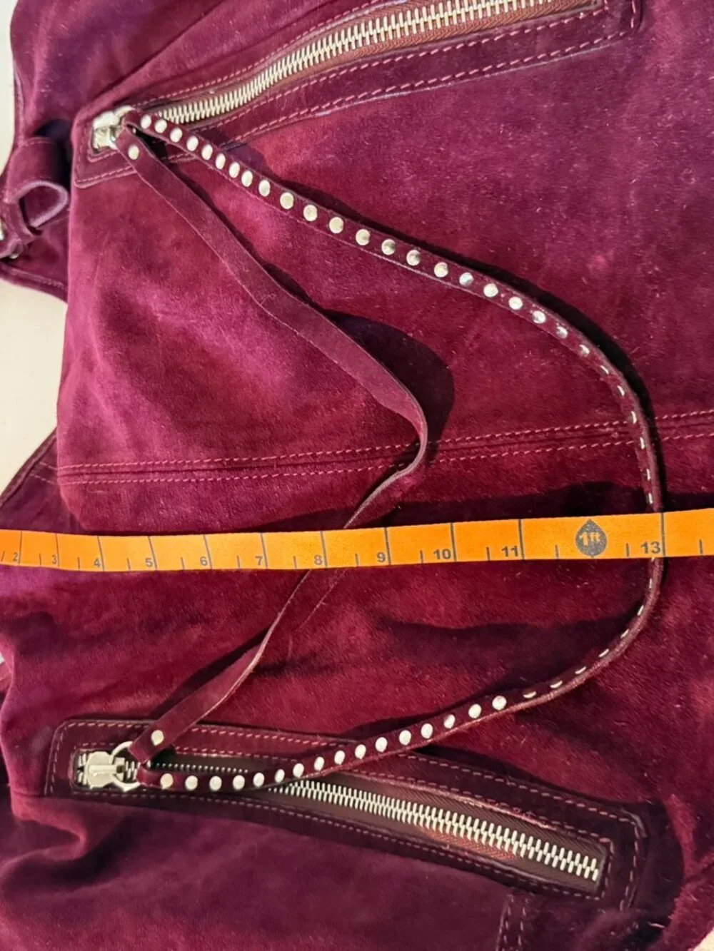Via Repubblica Large Burgundy Suede Hobo Bag Studded Zip Pocket Shoulder Purse